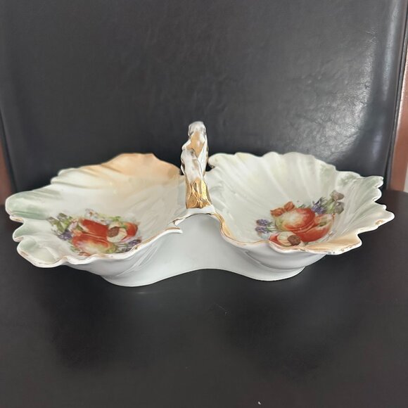 Antique Porcelain double Shell Serving Dish with handle Fruit Motif Germany - Picture 1 of 6